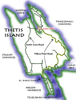 Map of Thetis Island showing Cufra Cliffs Cottage